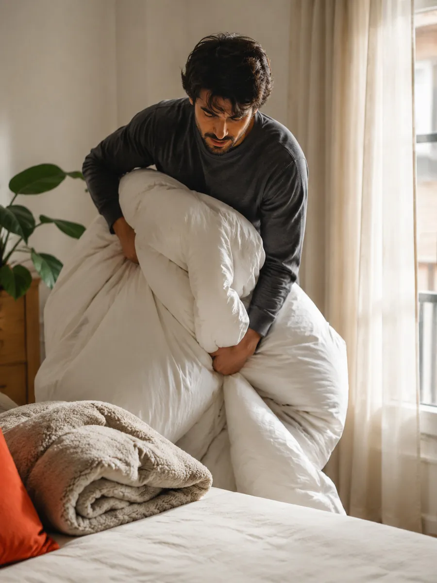 Hombre recogiendo un edredón nórdico de la cama para llevarlo a lavar