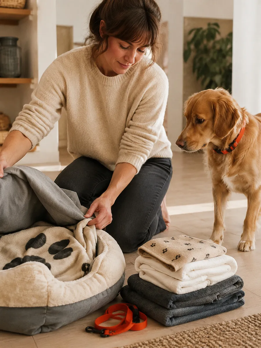 Femme rassemblant le panier et les couvertures de son chien pour les laver