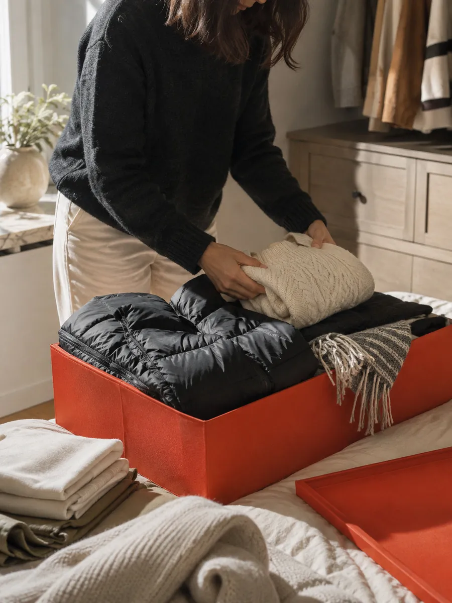 Mujer guardando jerséis y mantas en una caja para el cambio de temporada